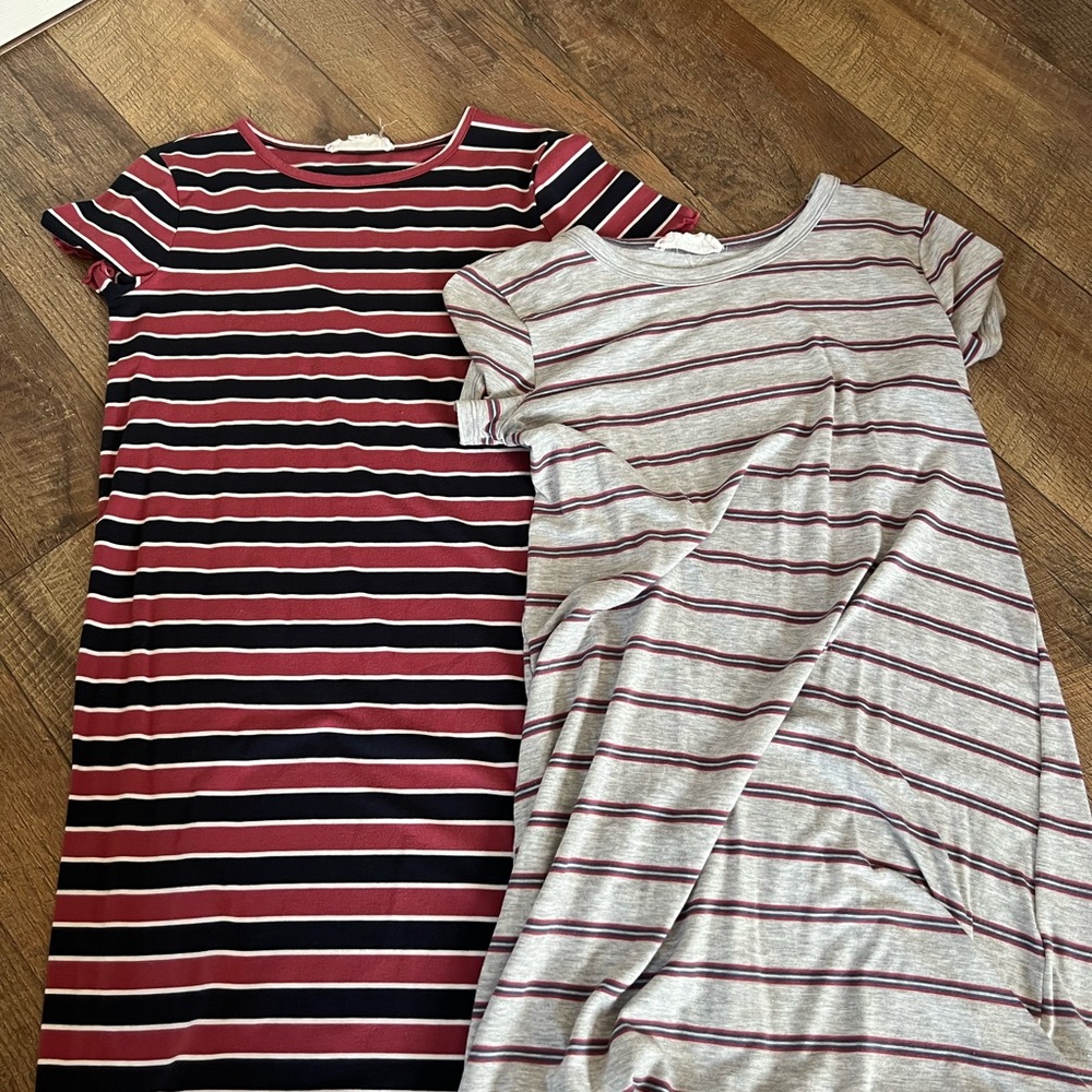 T SHIRT DRESSES, BOTH SMALL AND STRIPED, SUPER COMFY FOR DAY TO DAY WEAR,